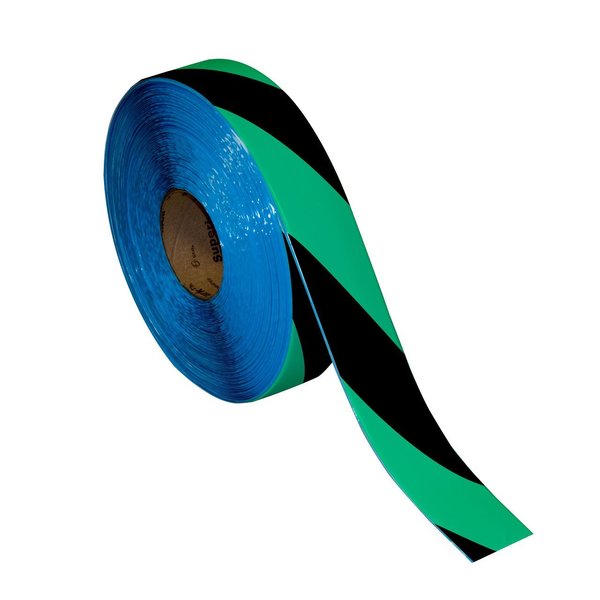 Superior Mark Floor Marking Tape, 2in x 100Ft , Black/Green Hazard Stripe IN-50-216I